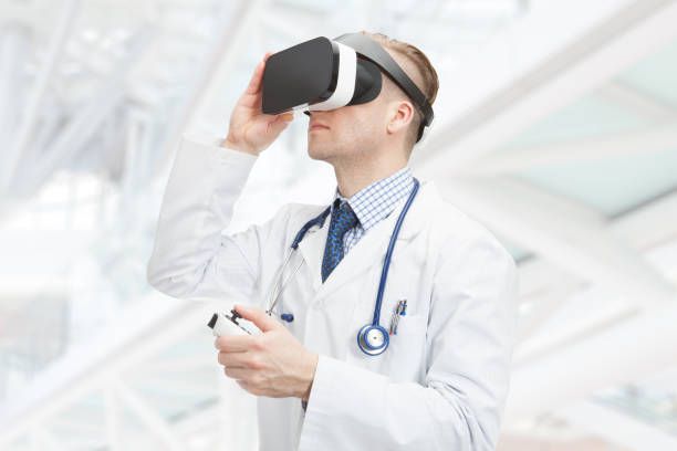 Indoors close up shot of doctor wearing virtual reality glasses